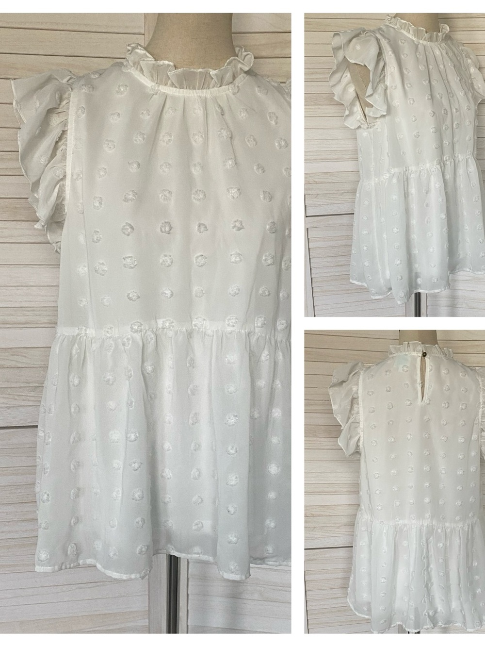 Shop The Mint White Babydoll Ruffle Flutter Sleeve 3-D  Pom Dots SZ M Feminine